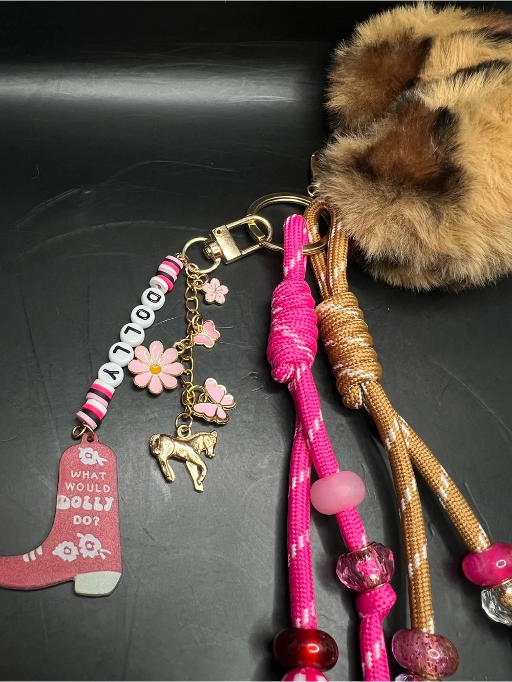 Dolly Inspired Gold Cheetah Heart Fur Pom Bag Charm Keychain 🐎💗